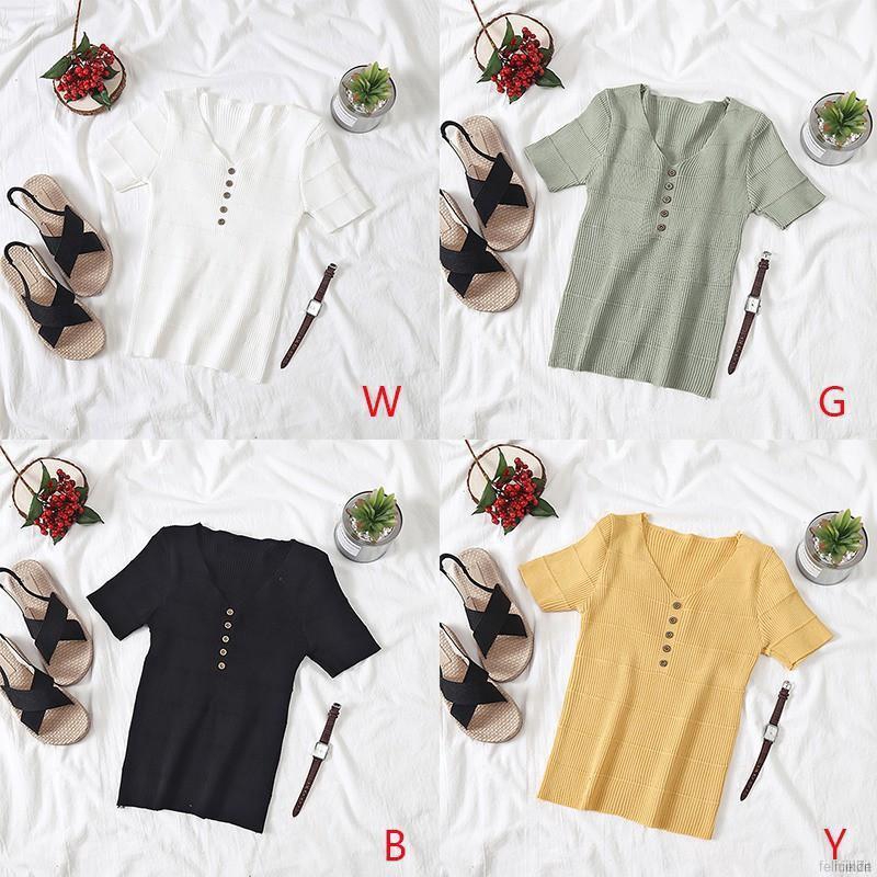 Áo dệt kim tay ngắn phối nút cổ chữ v thanh lịch hợp thời trang