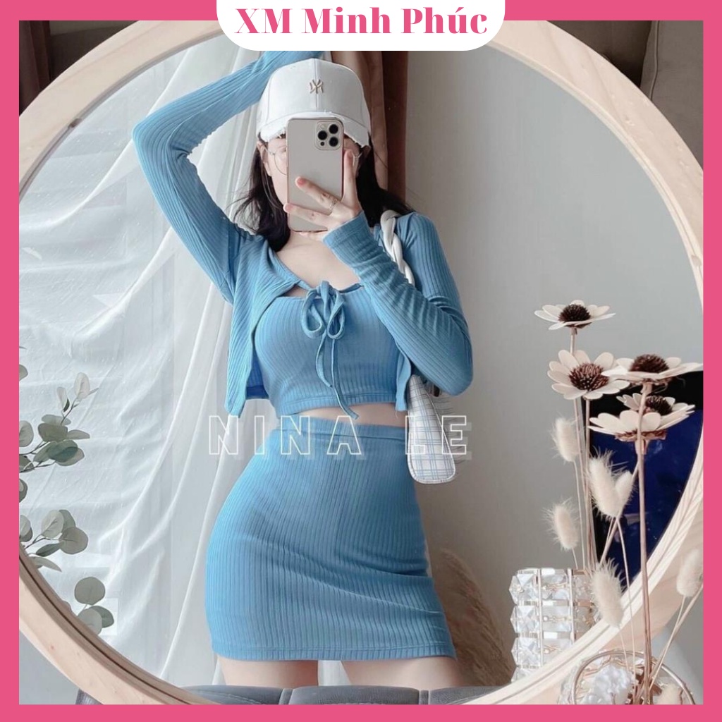 Set Bộ 3 Món Ôm Body Croptop Kèm Áo Khoác Tay Dài Thiết Kế Mới Phong Cách Sang Chảnh Thời Trang Nữ Xm Minh Phúc