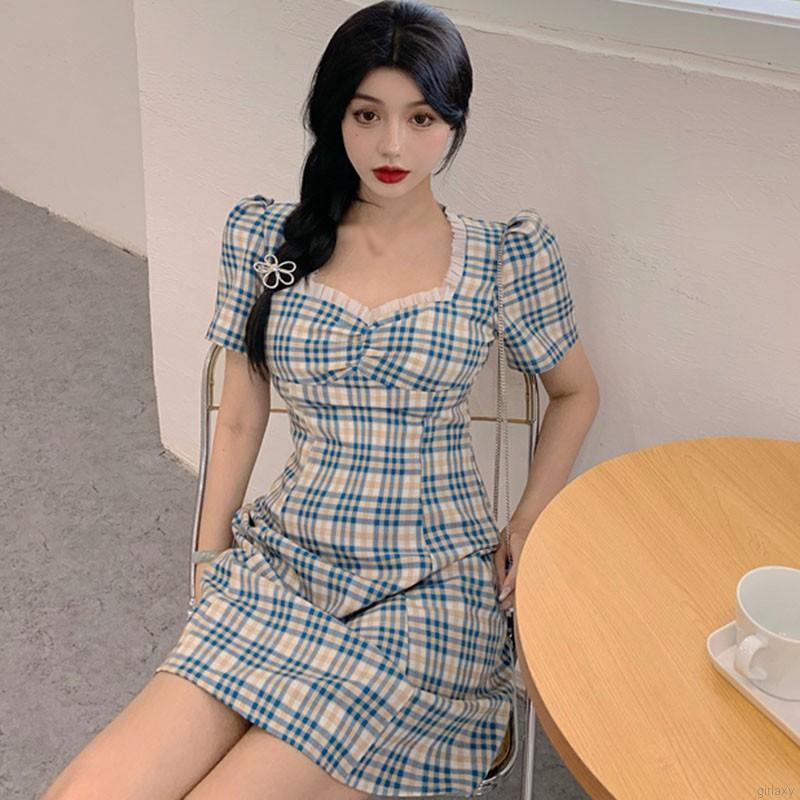 Đầm Tay Ngắn Sọc Ca Rô Thời Trang Cổ Điển Dành Cho Nữ