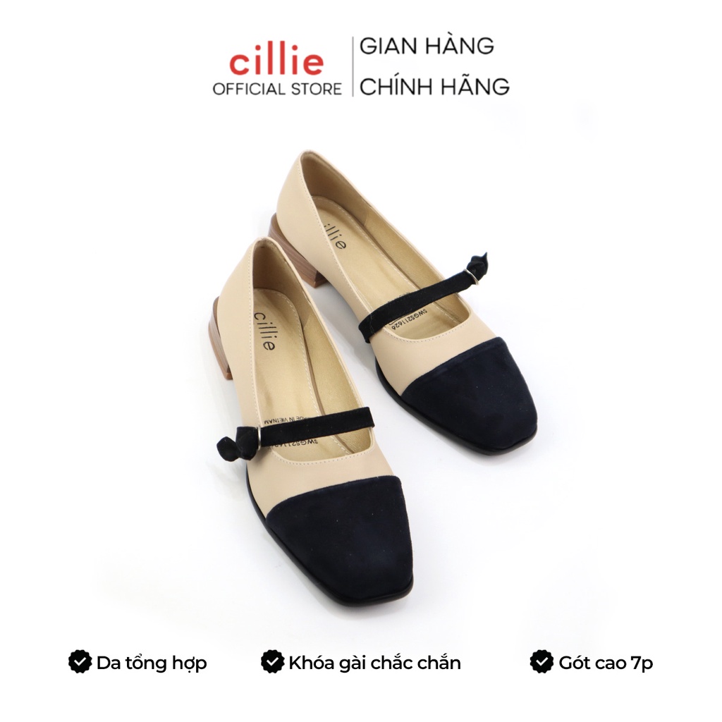 Giày búp bê nữ mũi vuông phối retro kiểu dáng vintage gót vuông cao 3cm đi chơi đi học đi làm Cillie 1101