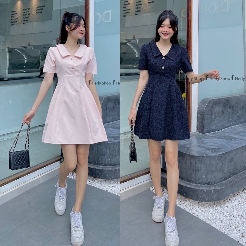 ĐẦM CỔ BẺ XẾP LY HÔNG ĐÍNH NÚT
