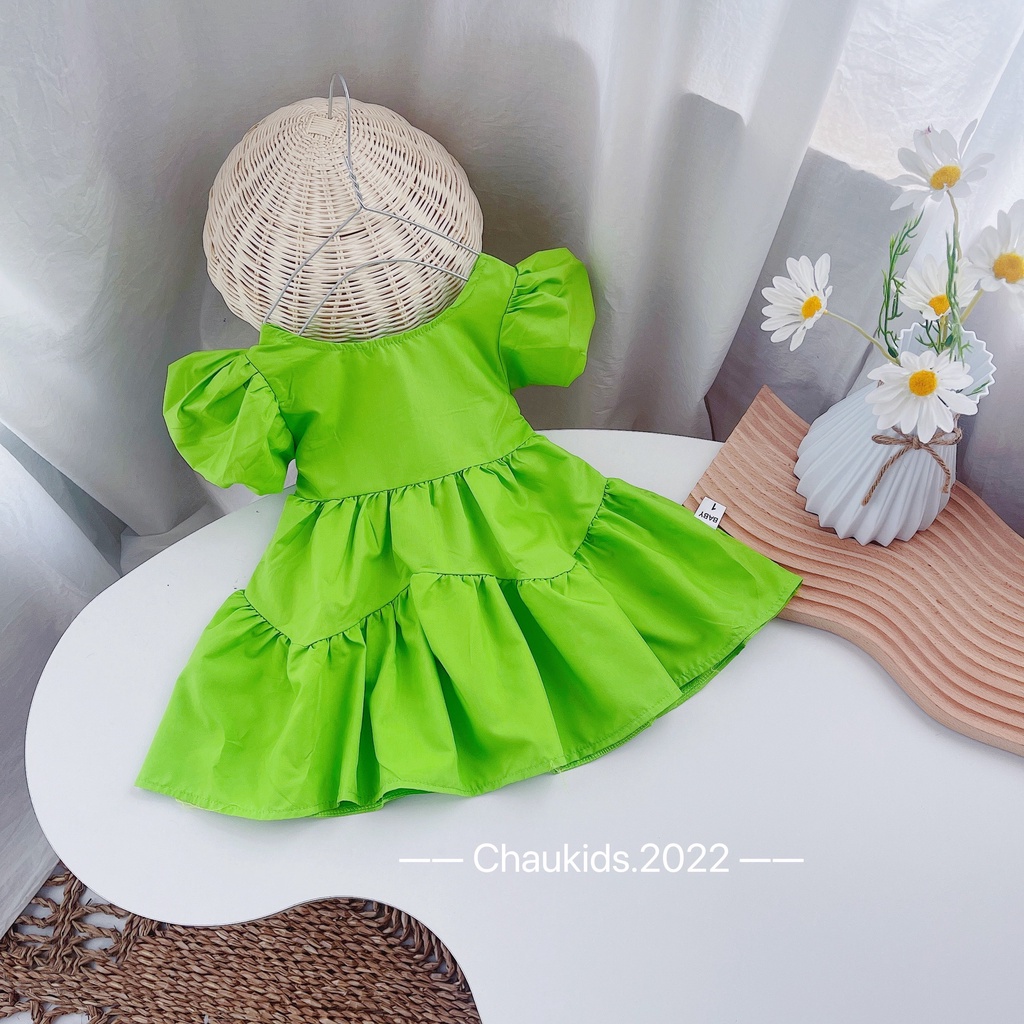 Váy xòe tầng bé gái, cặp váy thô tay bồng giả 3 tầng màu vàng cam- xanh cốm siêu hot cho bé
