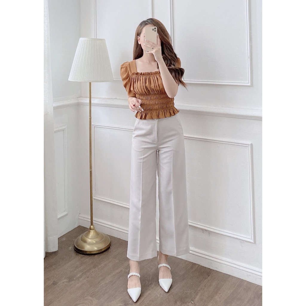 Set bộ quần sớ ống suông cúc bọc mix áo nhún cực đẹp | BigBuy360 - bigbuy360.vn