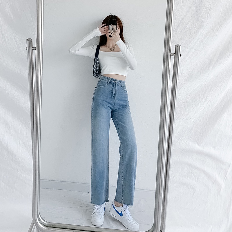 SUXI Quần jean dài ống rộng lưng cao dáng ôm phong cách Hàn Quốc cổ điển dễ phối đồ dành cho bạn nữ