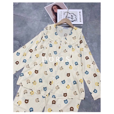 Bộ đồ bầu Pyjama cổ sen _ B068 chất đũi lạnh và cho con bú khoá ngực tiện lợi