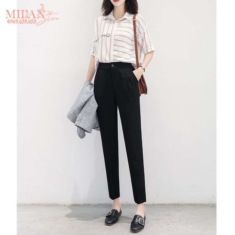 Quần tây ống đứng đi học làm công sở cho nữ cạp lưng cao - Dáng quần baggy vải Vitex màu đen dày dặn phối áo sơ mi đẹp
