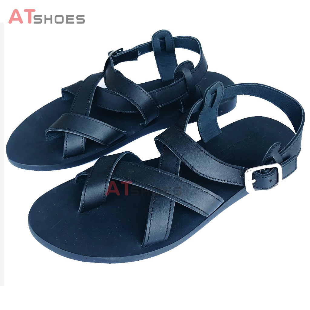 Dép Sandal Unisex cao cấp Da Bò Thật Sandal xỏ ngón nam nữ chuẩn kiểu Hàn Quốc Trẻ Trung Atshoes AT40(Đen)