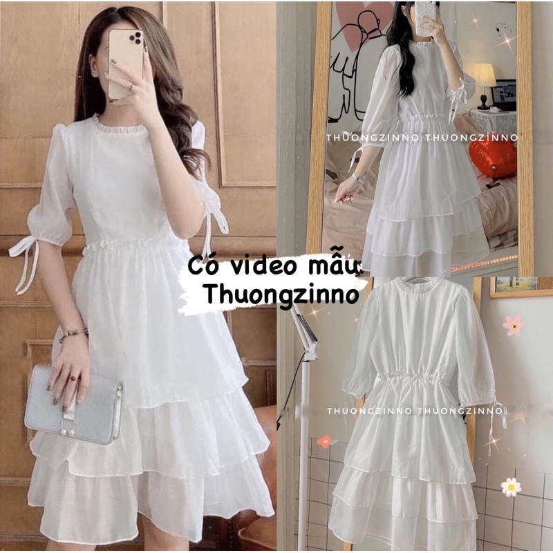 Váy trắng cổ bèo 3 tầng thiết kế dáng tiểu thư