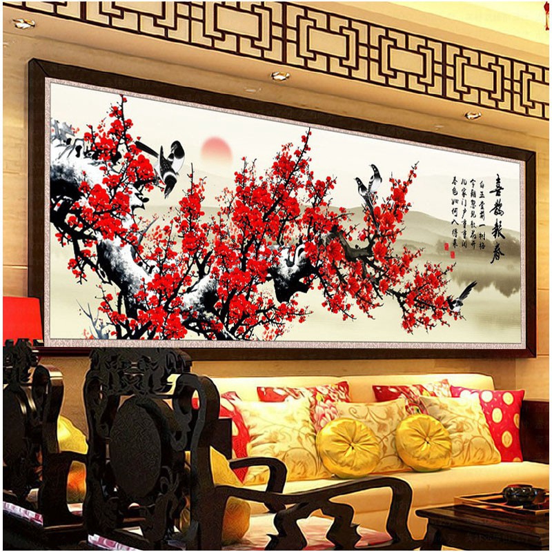 Bộ Tranh Đính Đá Tự Làm Hình Đôi Chim Và Hoa Anh Đào Xinh Xắn