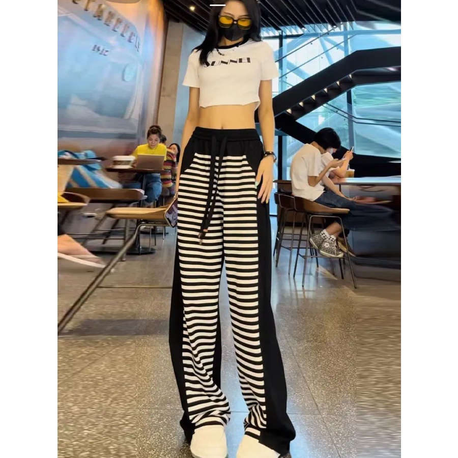 Jiashucheng Quần Ống Rộng Lưng Cao Dáng Suông Cỡ Lớn Kẻ Sọc Màu Tương Phản Phong Cách Mới Cho Nữ
