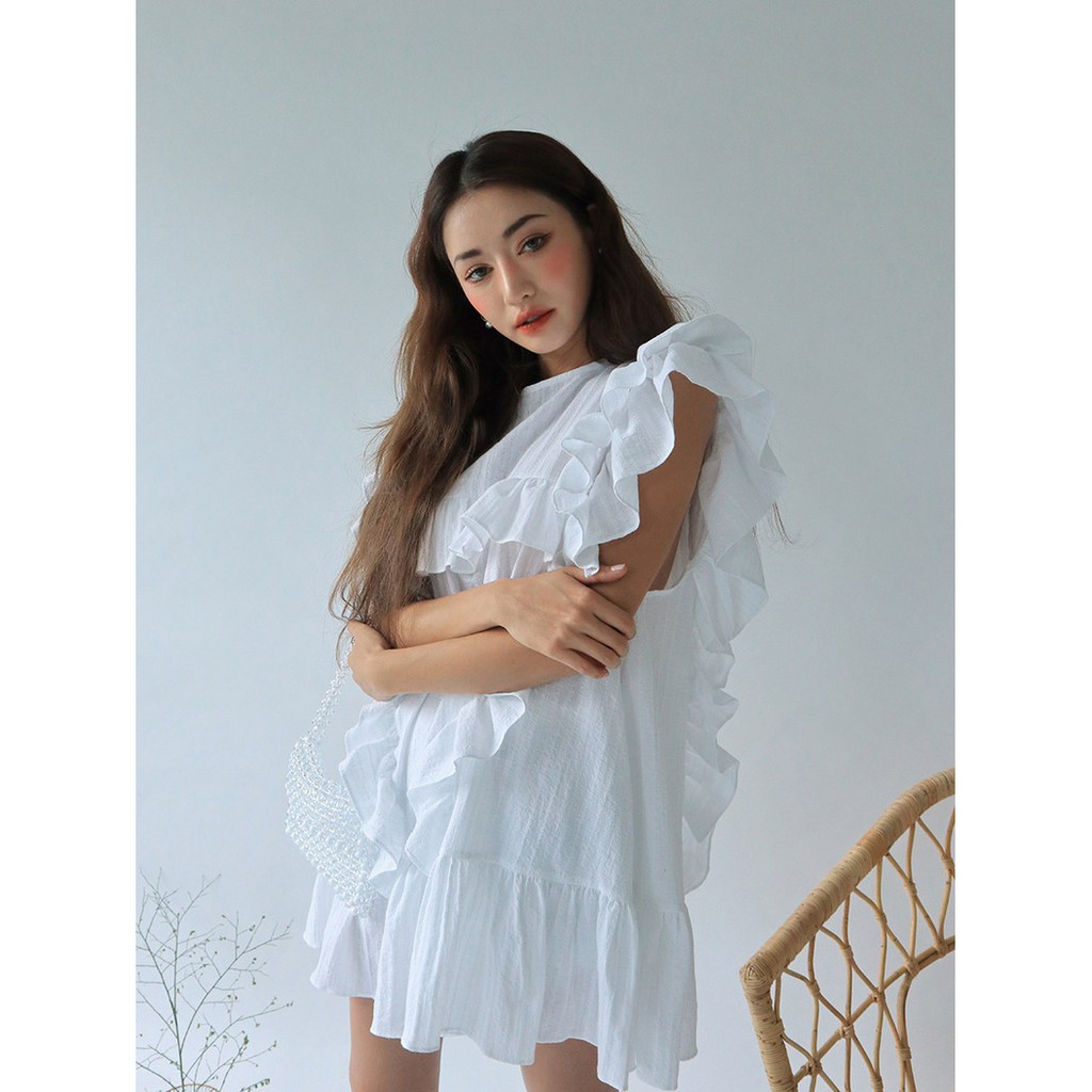 Đầm Trắng Xoè Nhún Bèo Korea Váy Tay Bèo Xếp Tầng Cao Cấp Hàn Quốc Đầm Ngắn Midi Vintage Cổ Tròn Stylenanda