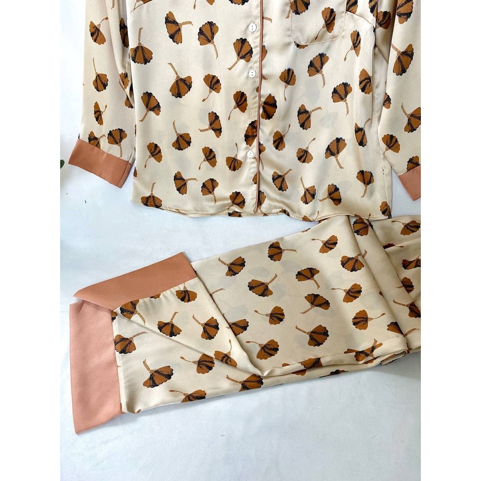 Bộ Đồ Ngủ Lụa Satin JAPAN SILK Họa Tiết Lá Hoa BD033