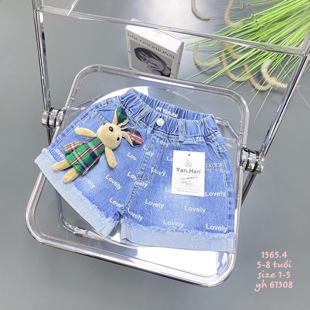 SHORT JEAN 1 NÚT KÈM GẤU CHO BÉ GÁI