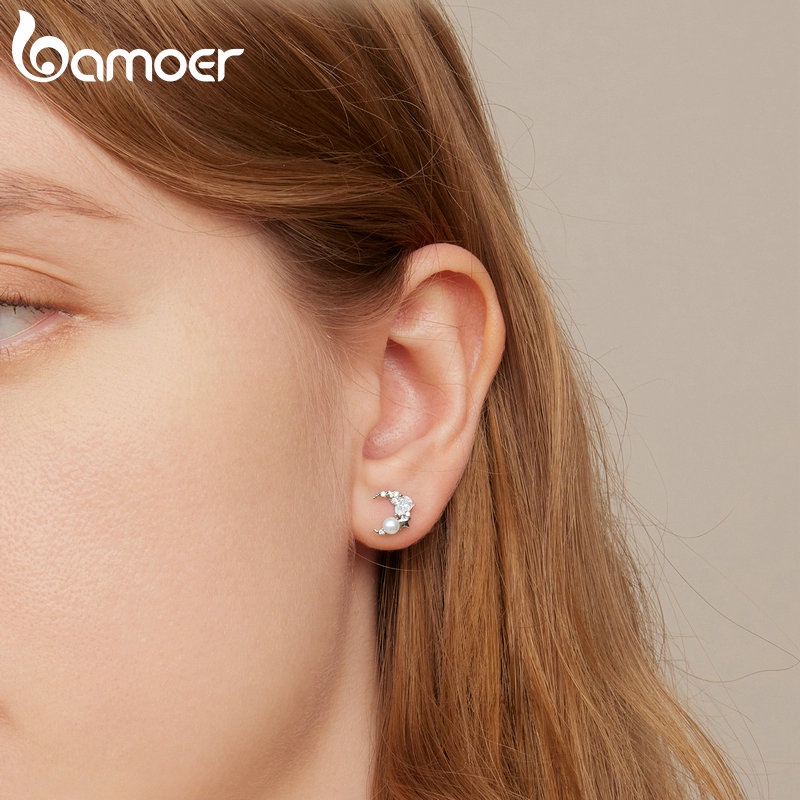 Bông tai nữ BAMOER bạc 925 đính ngọc trai giả thời trang BSE666