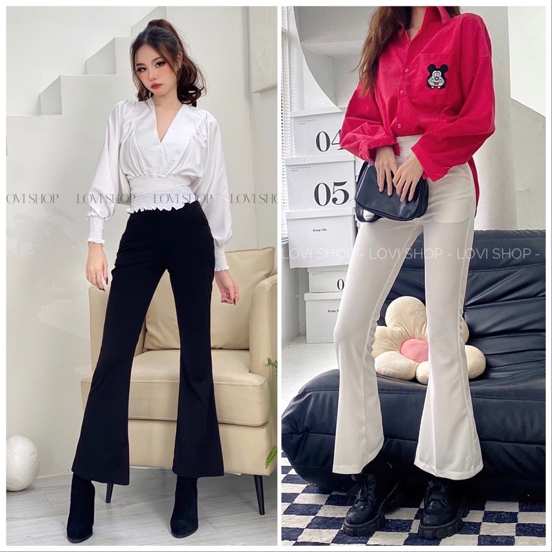 LOVI SHOP - Quần ống loe nữ khoá kéo hông thiết kế cao cấp hack chân tôn dáng 2 màu đen trắng chất vải Thun Mỹ Lovi