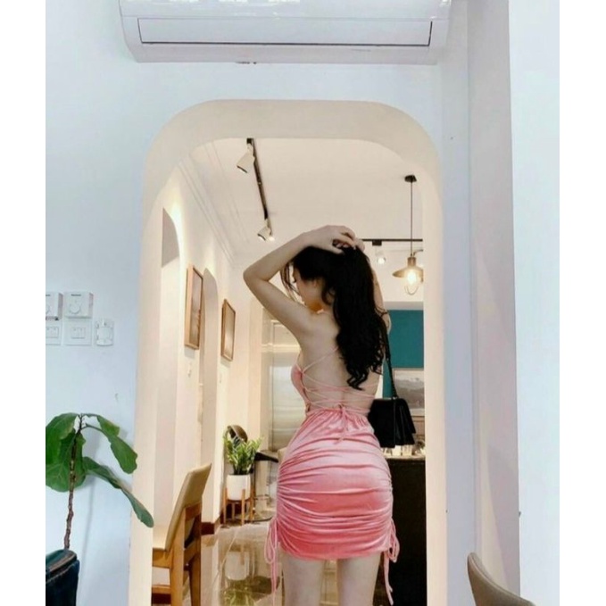 Đầm nhung 2 dây hở lưng có mút-siêu đẹp. alohashop91