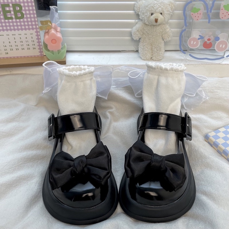 Giày lolita nữ độn đế cao gắn nơ đen,Giày da ulzzang nữ phong cách Hàn Quốc LT76