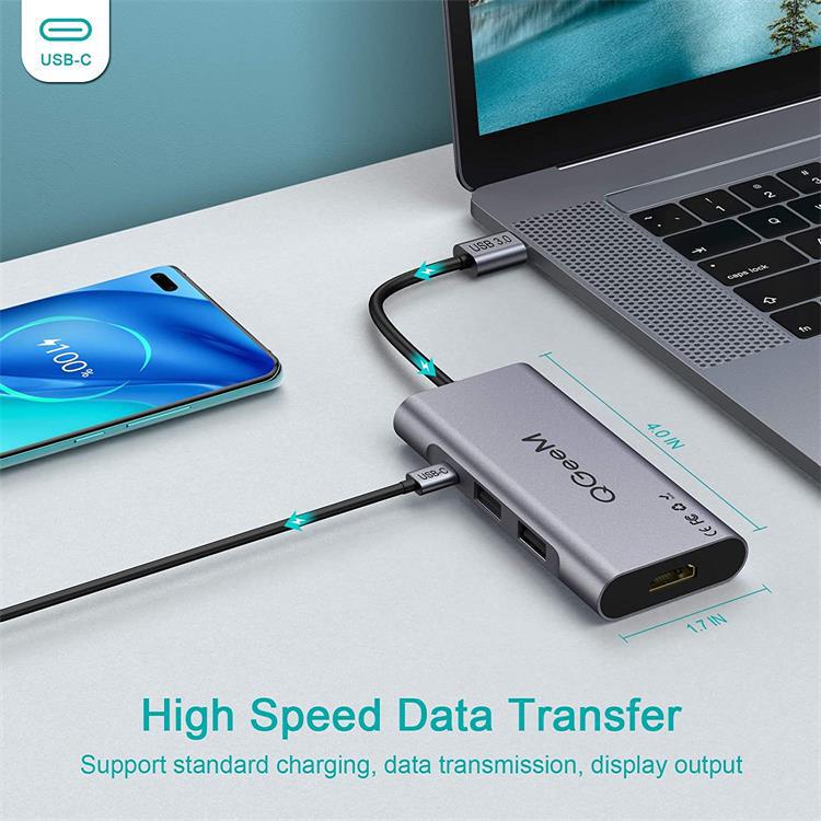 Bộ thiết bị Hub chia chuyển đổi USB 3.0 QGeeM 4K 7 trong 1 sang HDMI USB Type C sạc nhanh PD 100w khe đọc thẻ SD TF