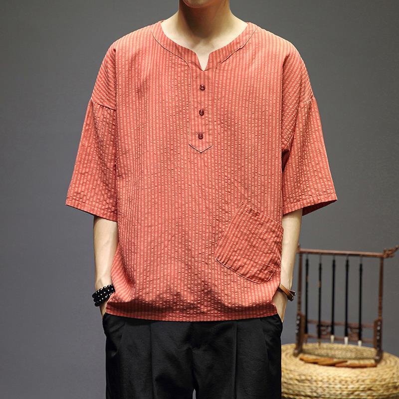 Áo Thun Cotton Lanh Tay Ngắn Dáng Rộng Họa Tiết Kẻ Sọc Phong Cách Trung Hoa Cho Nam