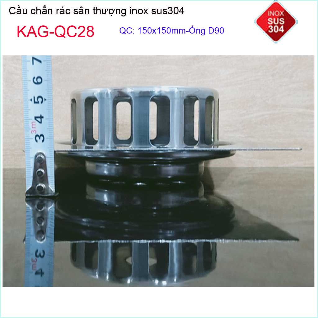 Cầu chắn rác đế vuông 15x15cm D90 KAG-QC28, thoát nước sân thượng SUS304 ống 9cm thoát nhanh chắn rác tốt