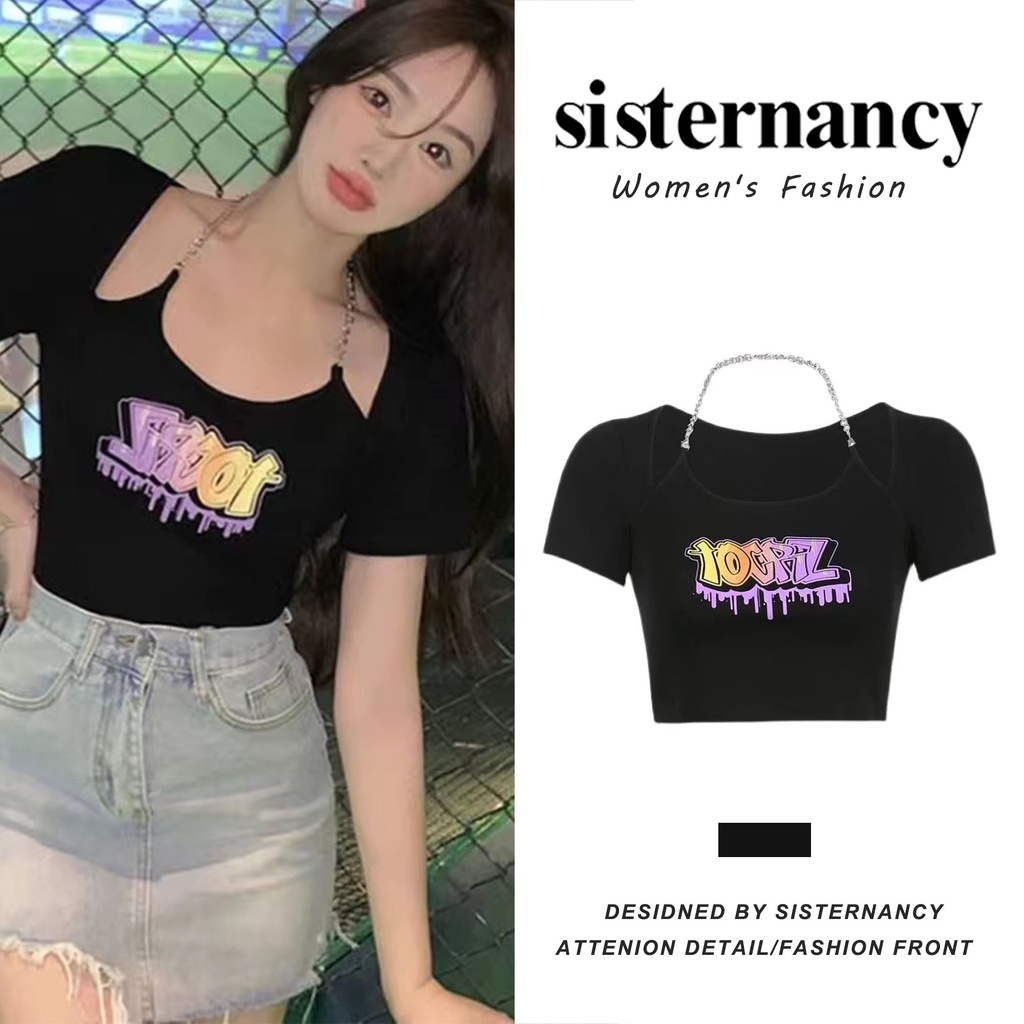 Áo thun croptop COZOKC tay ngắn in chữ phối dây xích cá tính