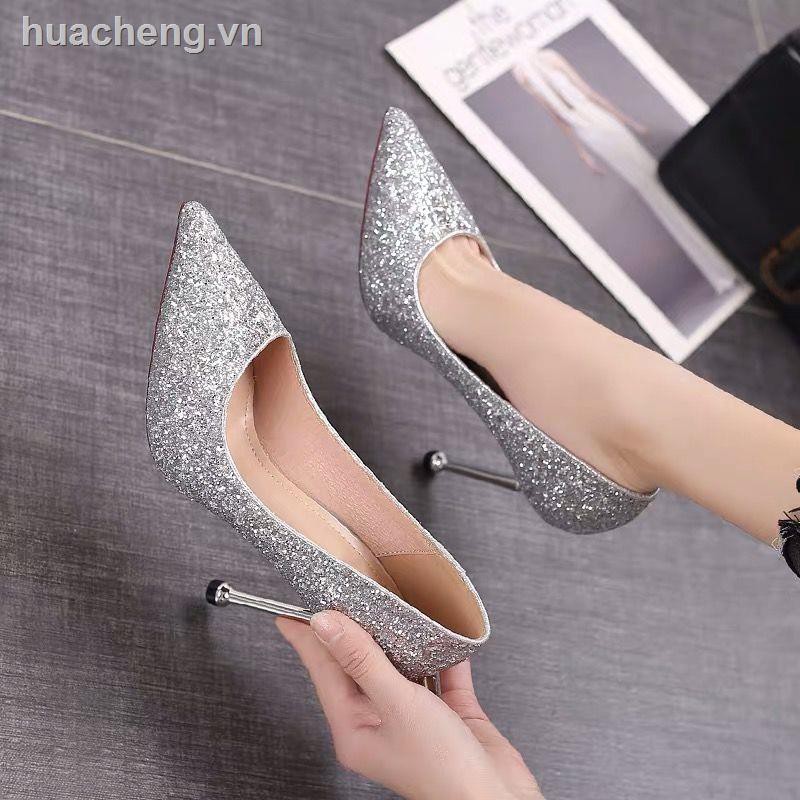 giày cao gót  giày đen♞﹉❃Wedding shoe female 2019 new pointed high heel with slipper bridesmaid bride silver sequin