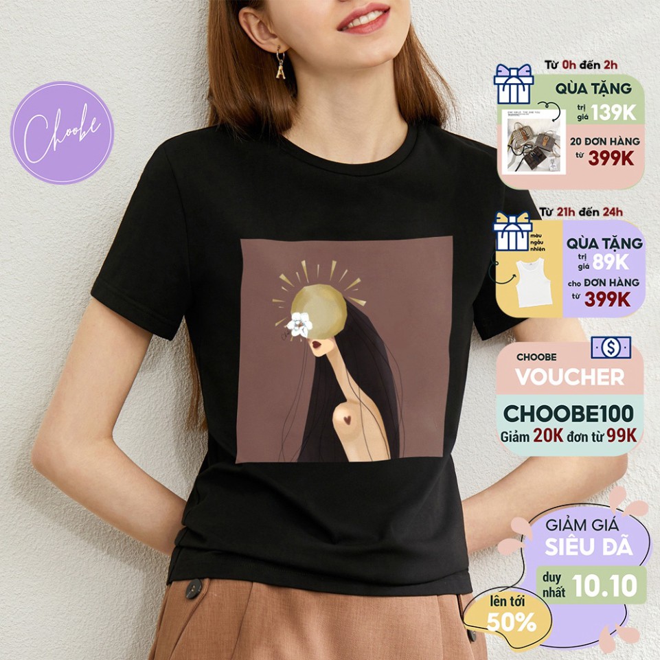 Áo phông nữ Choobe cộc tay Nhật Hoa Nữ form rộng kiểu in hình vải cotton cổ tròn đẹp t shirt Đen A05