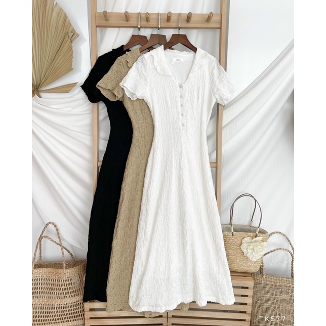 Đầm nữ ngắn tay dáng xoè form dài dưới gối màu trắng, vàng NPDAM006