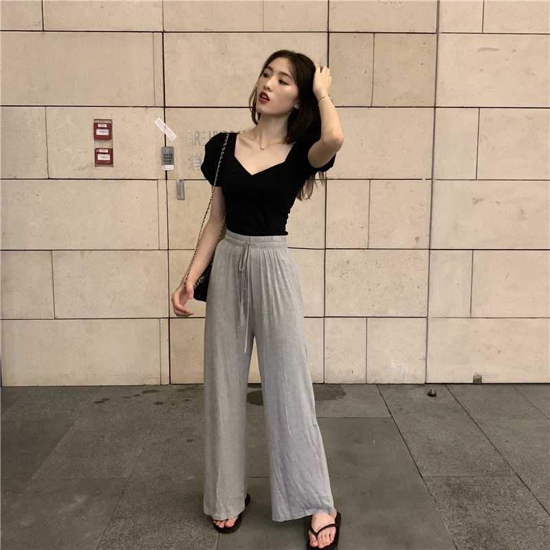 SUXI Set Áo Thun Tay Ngắn Phồng Cổ Chữ V Màu Sắc Đơn Giản + Quần Dài Lưng Cao Ống Rộng Thời Trang Cho Nữ