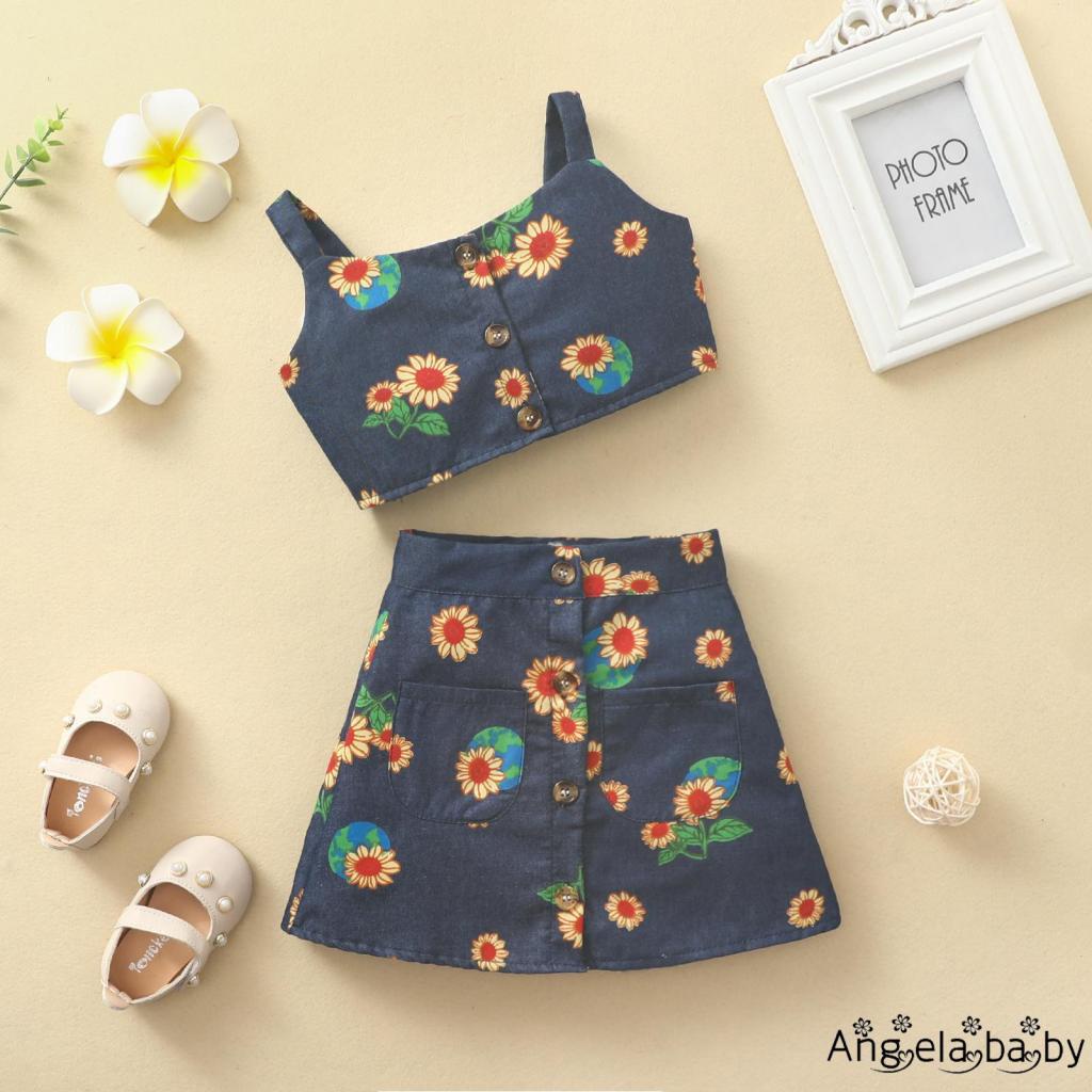 Bộ Đồ 2 Mảnh Áo Không Tay In Hoa Hướng Dương Kèm Chân Váy Chữ A Thời Trang Mùa Hè Cho Bé Gái