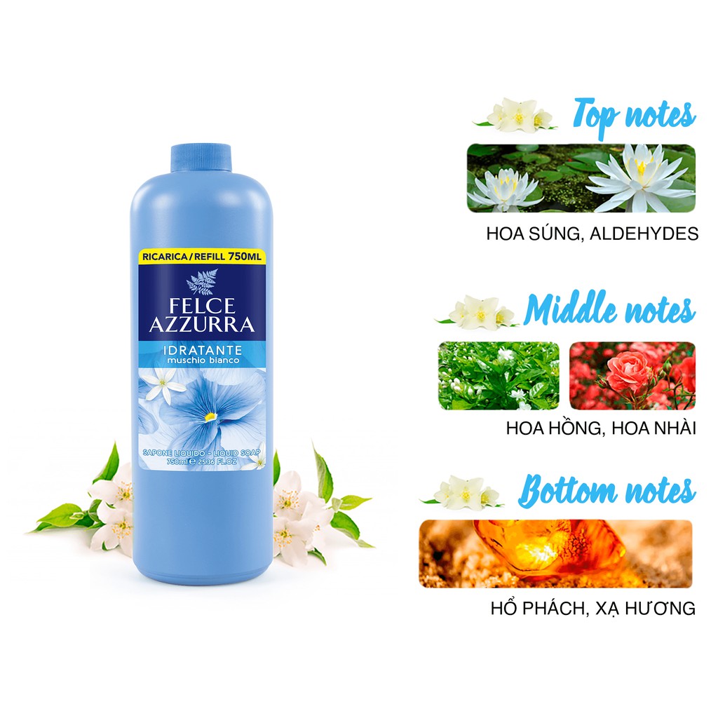 Sữa rửa tay hương nước hoa Ý Felce Azzurra 750ml, hương thơm cổ điển, xạ hương trắng, dầu argan, bạc hà