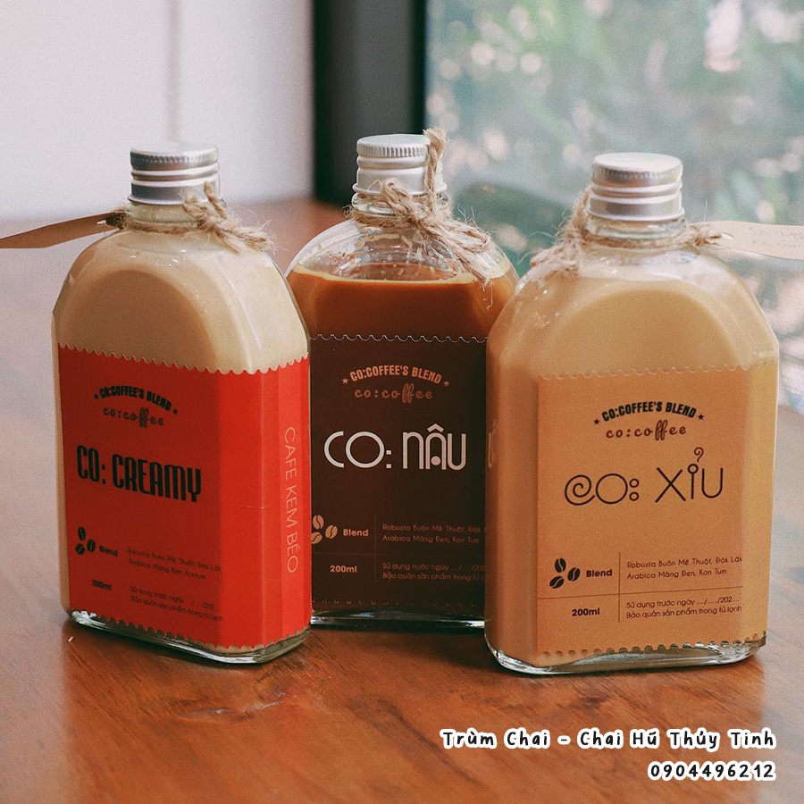 Chai thủy tinh dẹt vai vát nắp nhôm 200ml  - Đựng cà phê, nước ép, cold brew,...