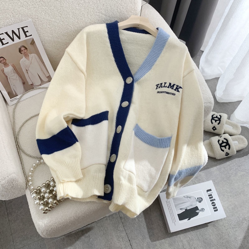 Áo Khoác Cardigan Dệt Kim Dáng Rộng Thêu Chữ Màu Sắc Tương Phản Thời Trang Thu Đông Cho Sinh Viên