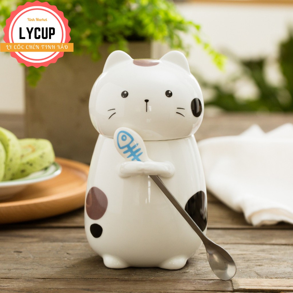 Cốc sứ cao cấp,cốc uống trà quai liền thìa có nắp đậy Gốm sứ cao cấp 400ml | BigBuy360 - bigbuy360.vn