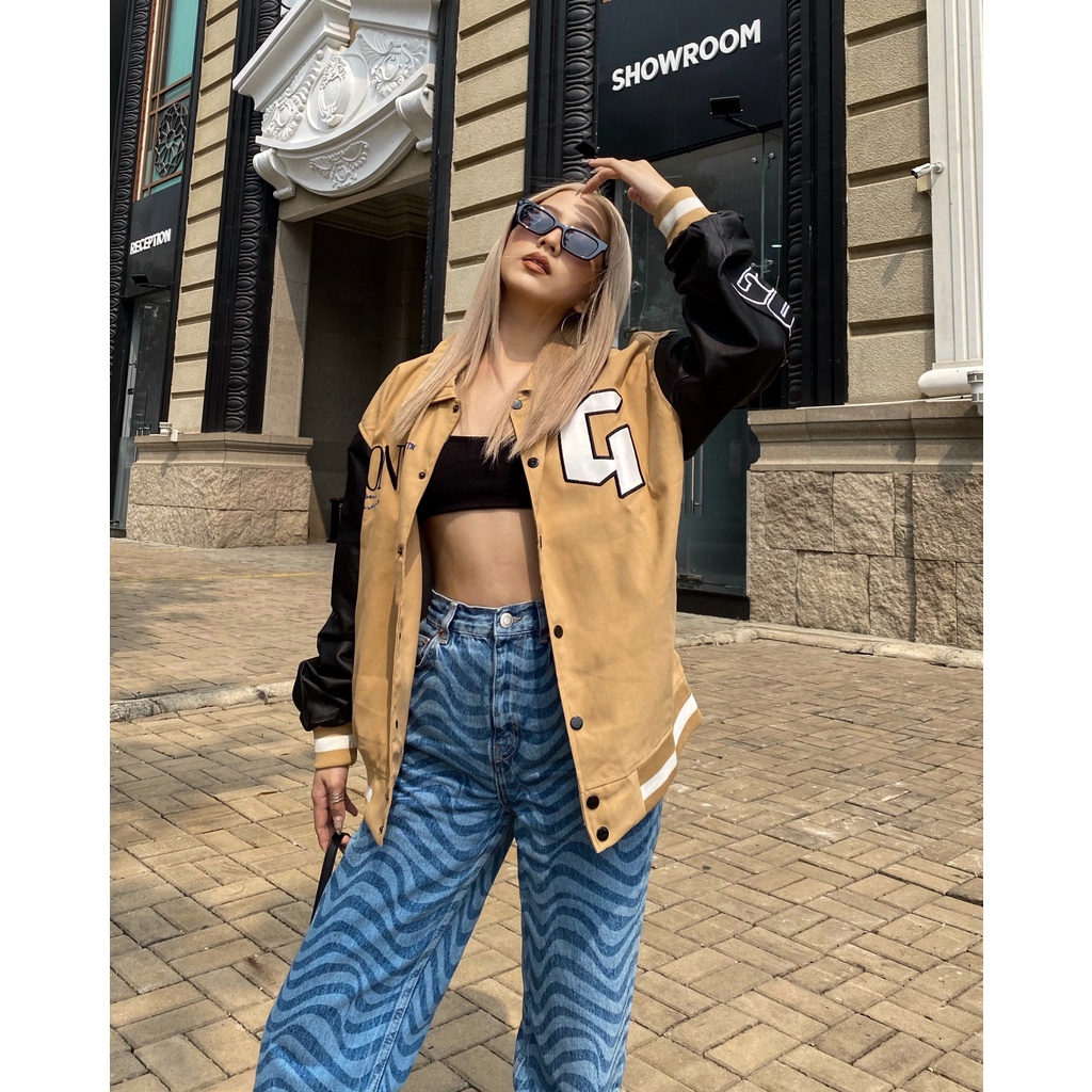 Áo Khoác Da Lộn Form Rộng Phối Tay Da Leather Seeve Jacket Varsity V16 - Màu Cream