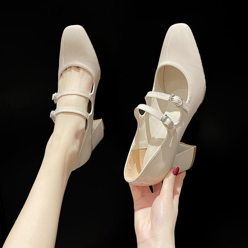 Giày Cao Gót 2022 Bằng Da Gót Dày Cài Khóa Kiểu Retro Thời Trang Xuân Thu Cho Nữ