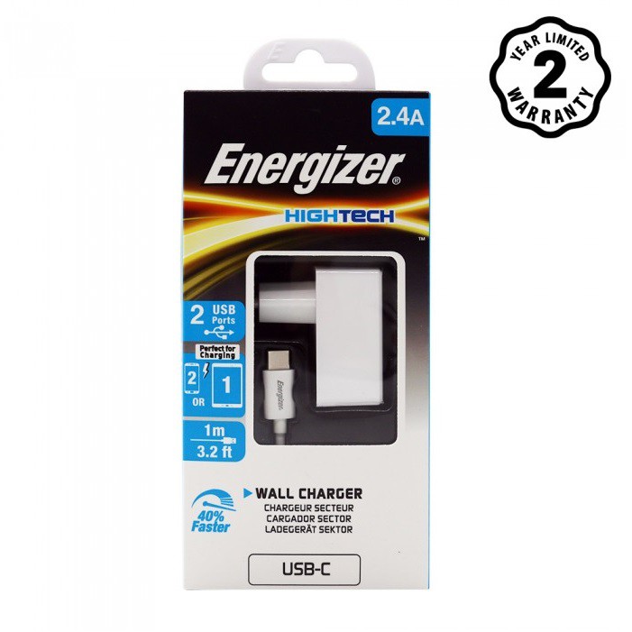 Sạc Energizer HT 2.4A 2USB + Kèm cáp USB Type-C 2.0 - ACW2BEUHC23