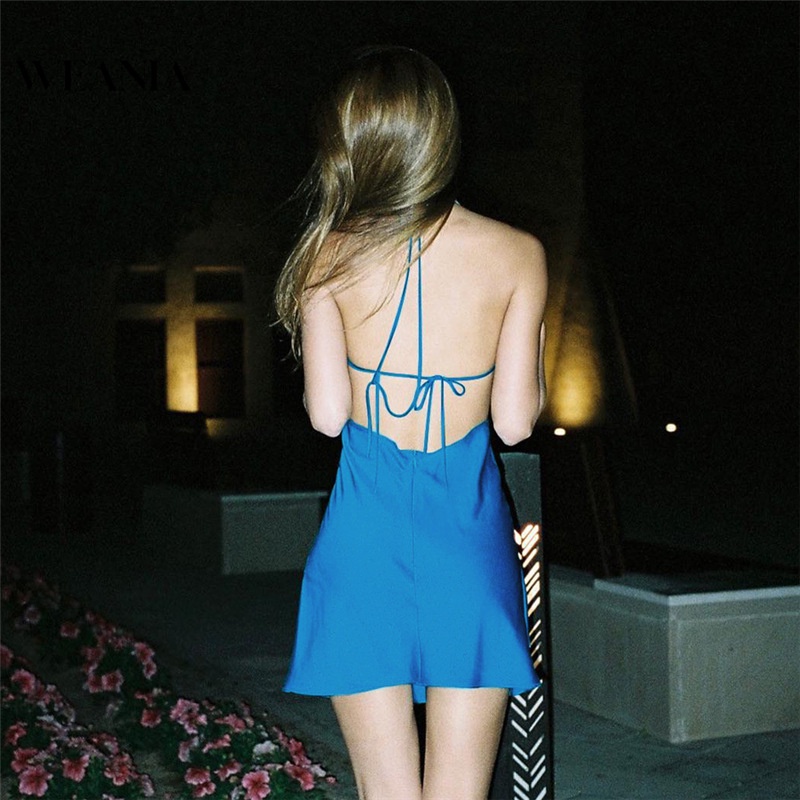 Đầm Hai Dây Cột Dây Hở Lưng Vải Satin Thời Trang Mùa Hè Quyến Rũ