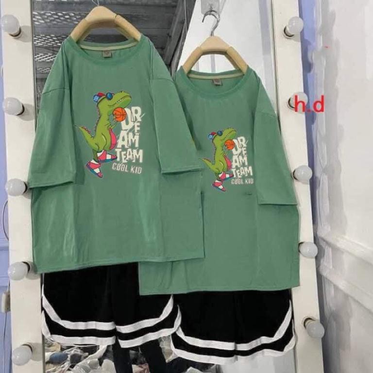 ⚡Sét bộ đồ nam nữ unisex ⚡ áo thun hè ngắn tay khủng long cool+ quần short viền trắng cạo chun Freesize dưới 55kg