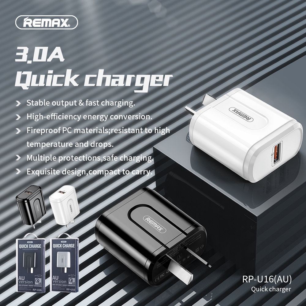 Cốc Sạc Nhanh Remax Usb 1 Cổng Cắm Uk Au Us 3.0a