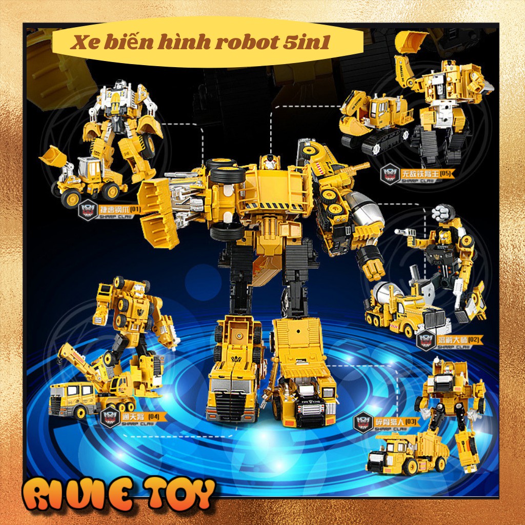 Đồ chơi xe công trình biến hình thành người máy robot 5 trong 1 bằng kim loại cho bé lắp ráp thông minh