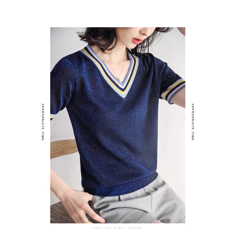 Áo Thun Lụa Dệt Kim Tay Ngắn Cổ Chữ V Thời Trang Dành Cho Nữ