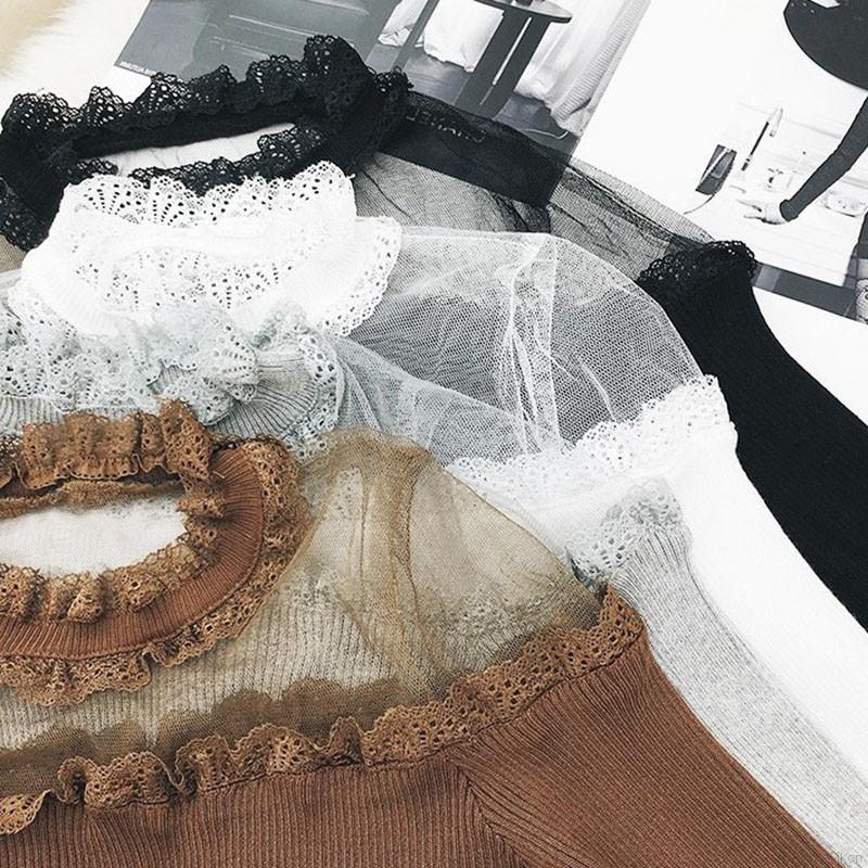 Áo sweater dài tay phối ren trễ vai gợi cảm bằng cotton pha dành cho nữ