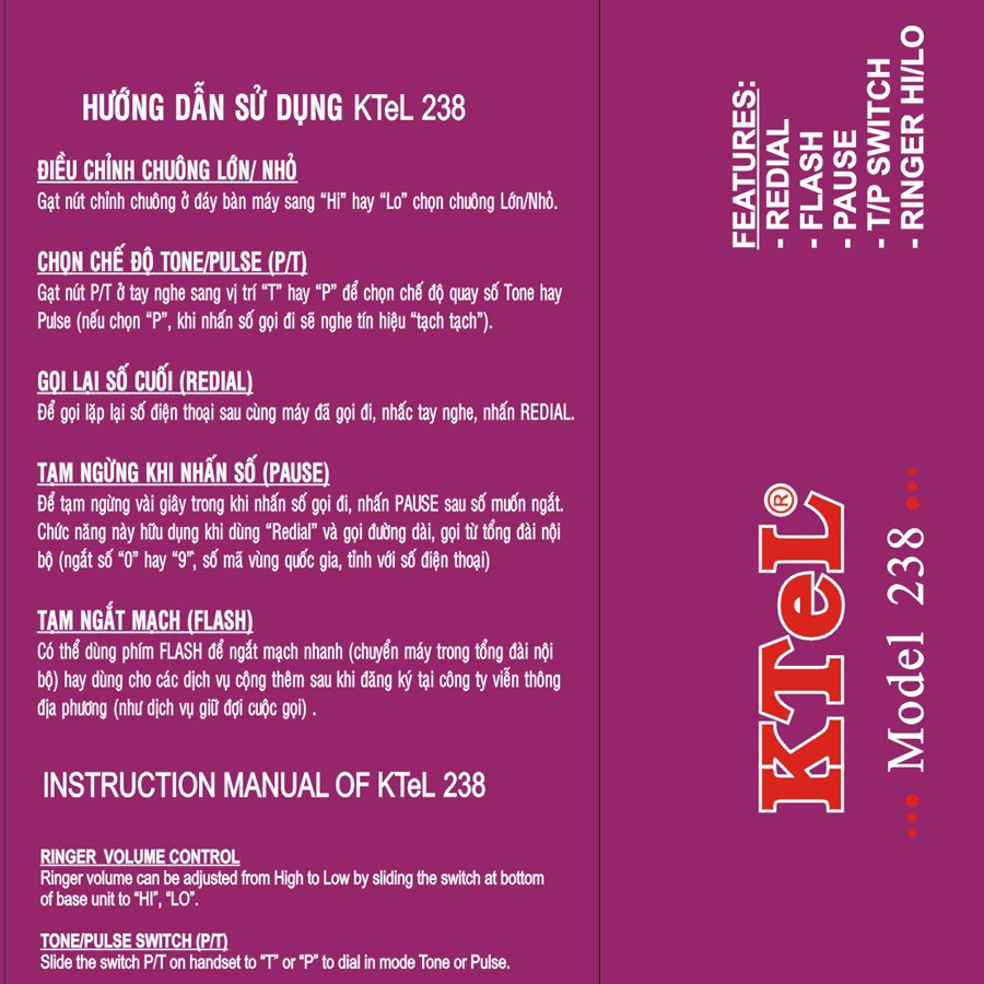 Điện thoại có dây cố định để bàn, treo tường dùng cho điện thoại văn phòng, điện thoại khách sạn, gia đình KTeL 238 | BigBuy360 - bigbuy360.vn