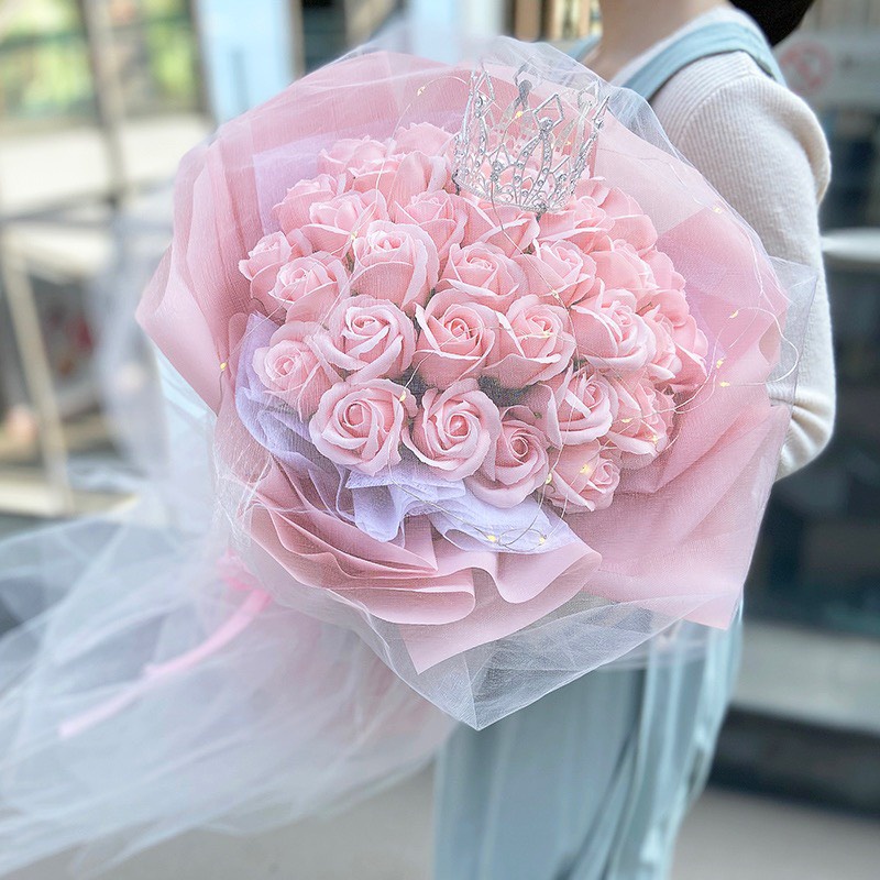 Bó hoa hồng sáp thơm 20-30b màu hồng nhạt dễ thương dành tặng người thân những dịp đặc biệt Gà Handmade tpVinh