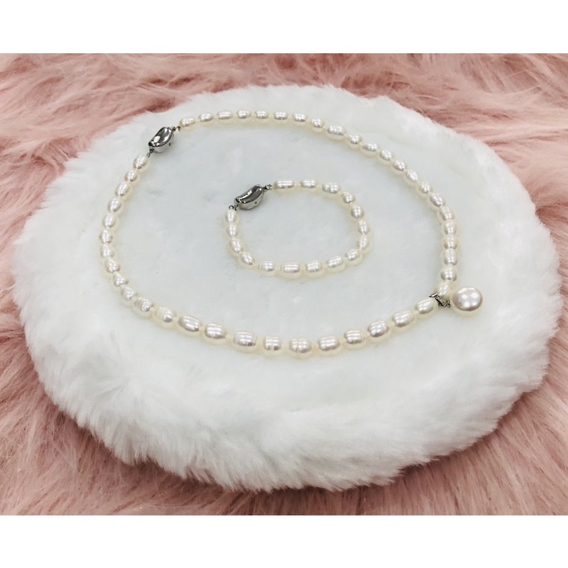 Bộ trang sức ngọc trai nhân tạo gạo trắng 2 món khóa bạc 8ly