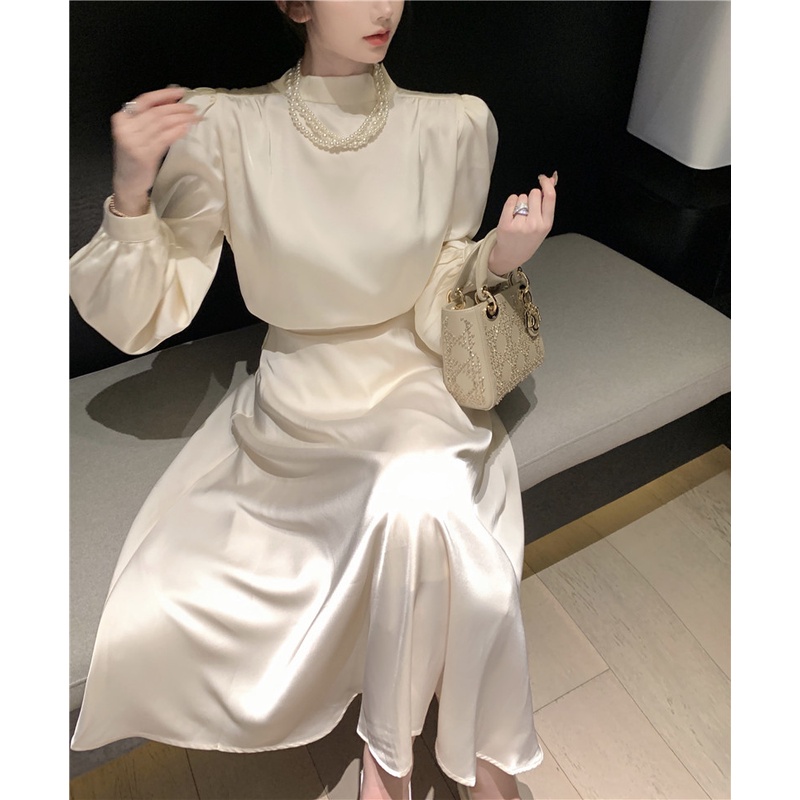 Set Áo Sơ Mi Tay Dài Cổ Tròn Vải Satin Cao Cấp Phối Chân Váy Lưng Cao Thời Trang Pháp Sang Trọng Cho Nữ