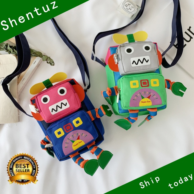 Túi Đeo Chéo Vải Canvas Có Khóa Kéo Họa Tiết Hoạt Hình Robot Thời Trang Cho Bé Trai Và Gái