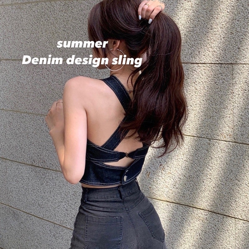Áo yếm denim phong cách phương tây trên rốn
