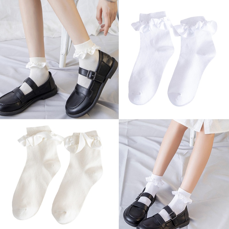 Vớ Cotton Cổ Cao Đến Mắt Cá Chân Phối Bèo Dễ Thương Phong Cách Harajuku Cho Nữ